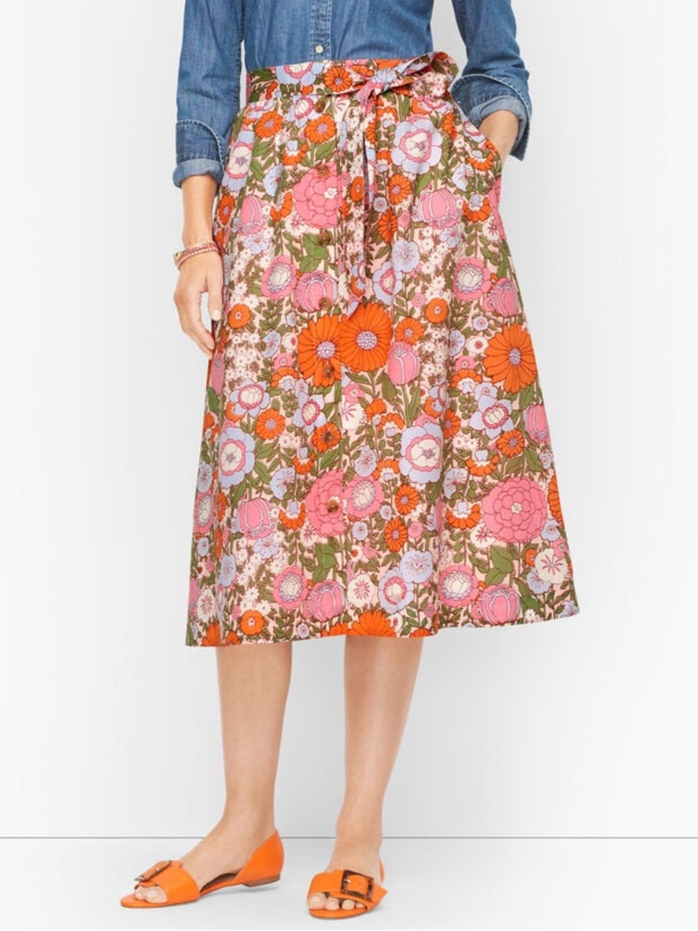 Talbots CLIMBING FLORAL BUTTON FRONT VOILE SKIRT Size 2XP Retro 100% Cotton